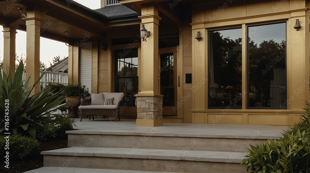 gold theme luxury home with front porch facade from Generative AI