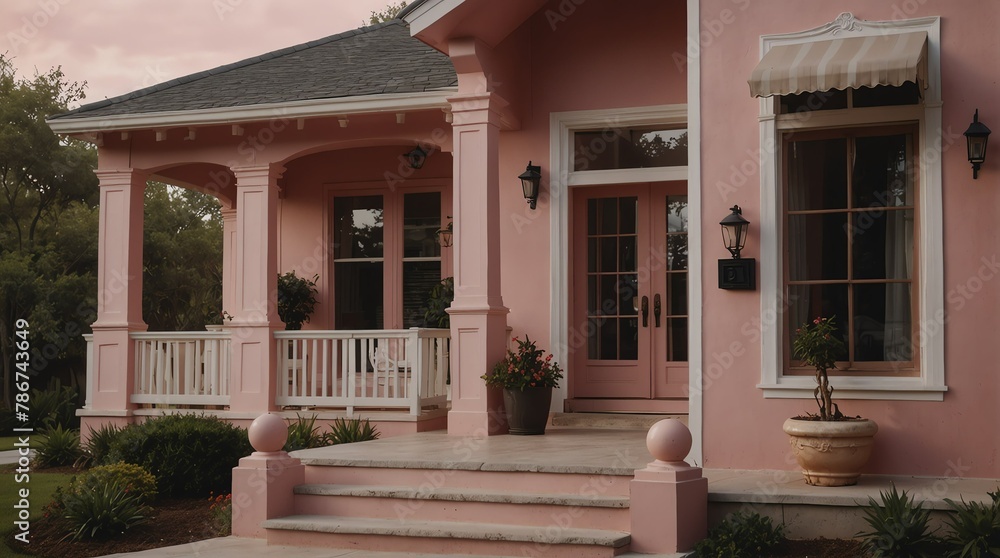 pink theme luxury home with front porch facade from Generative AI