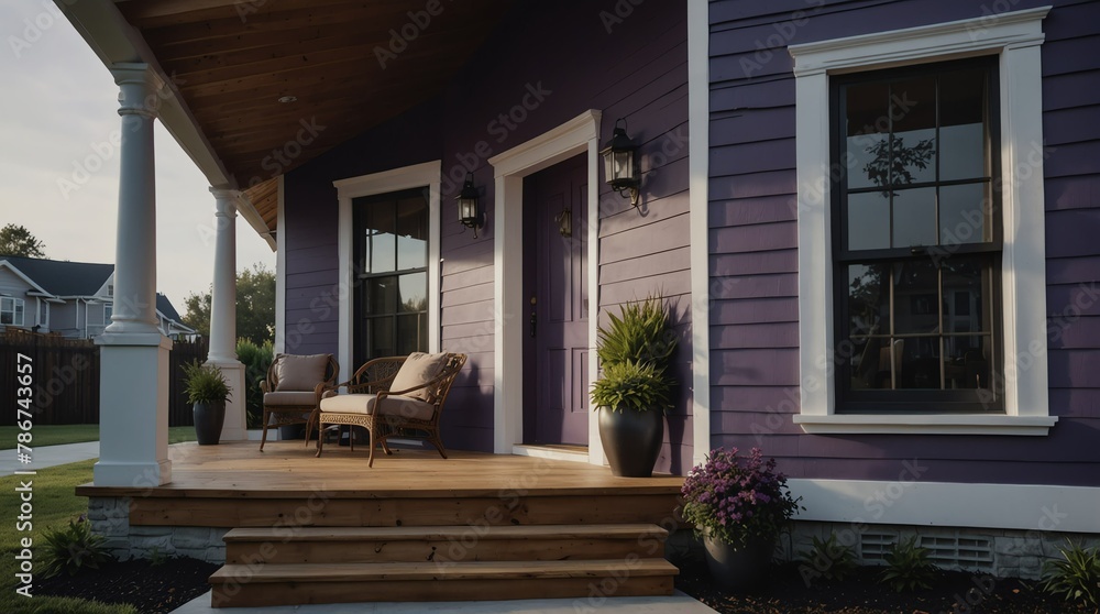 purple theme luxury home with front porch facade from Generative AI