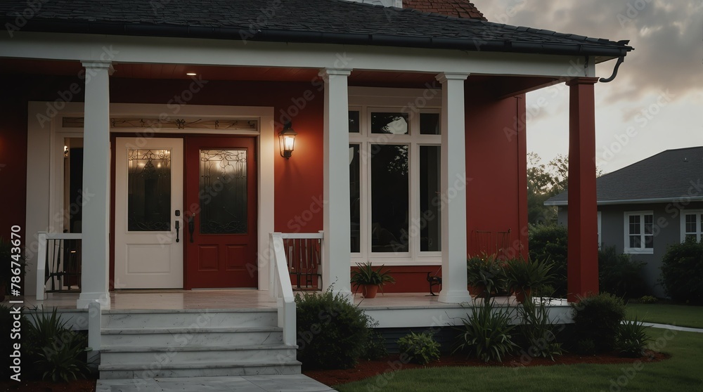 red theme luxury home with front porch facade from Generative AI