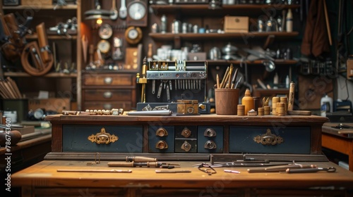 A jeweler bench where an artisan sets precious stones into unique, hand-forged metal settings, tools meticulously organized.