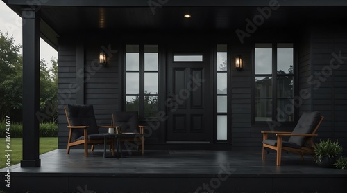 black theme luxury home with front porch facade from Generative AI © SevenThreeSky