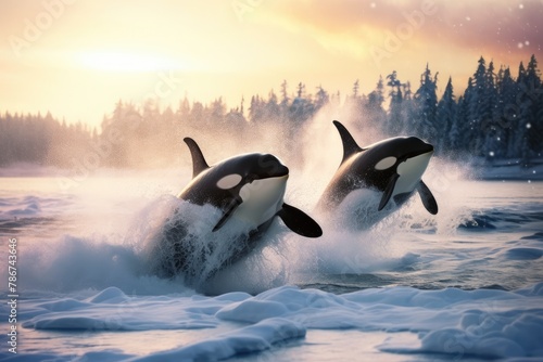 Killer Whales Jump in the Waves of the Sea Amidst Splashing Water © Dash