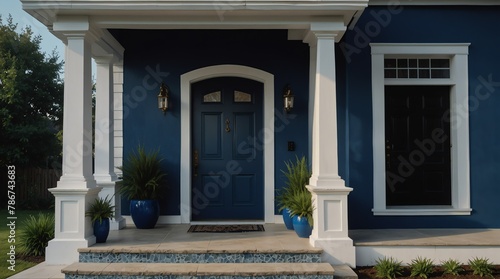 royal blue theme luxury home with front porch facade from Generative AI © SevenThreeSky