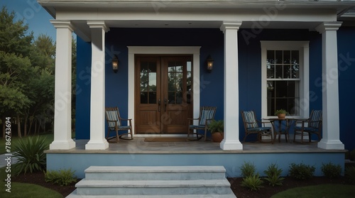 royal blue theme luxury home with front porch facade from Generative AI