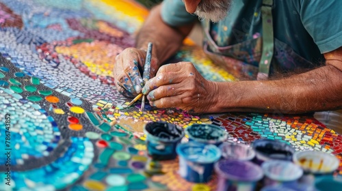 A mosaic artist arranging tiny pieces of colored glass into a vibrant, complex design on a large outdoor mural. photo