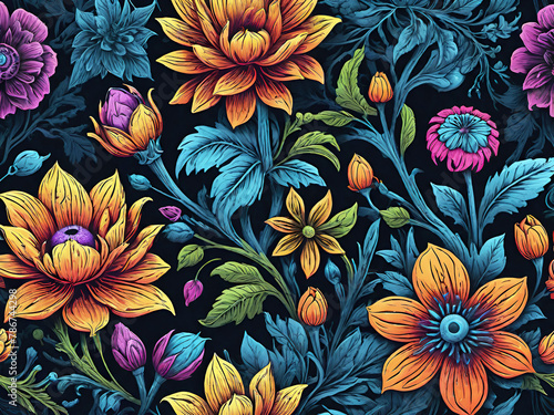 colorful flowers and leaves pattern on black background 