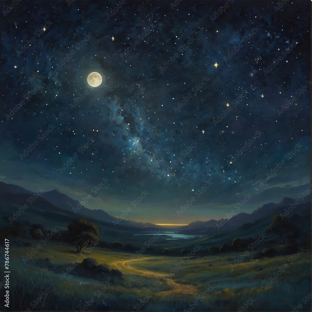 Embark on a celestial journey with this serene artwork, where moonlight bathes the lunar surface in ethereal glow