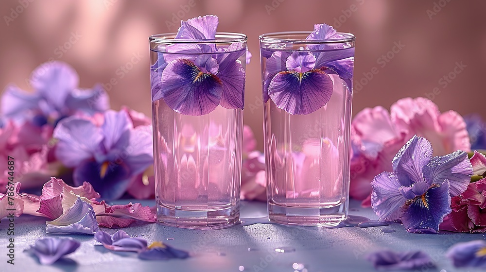 Two glasse with water and card note with iris flowers on pastel lilac background. Summer refreshment concept. Sunlit flat lay. Minimal style. Top view Two glasse with water and card note with iris flowers on pastel lilac background. Summer refreshment concept. Sunlit flat lay. Minimal style. Top view