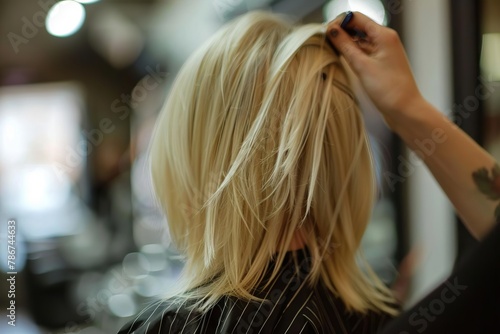 blonde woman getting new haircut and color at hairdresser salon lifestyle photography