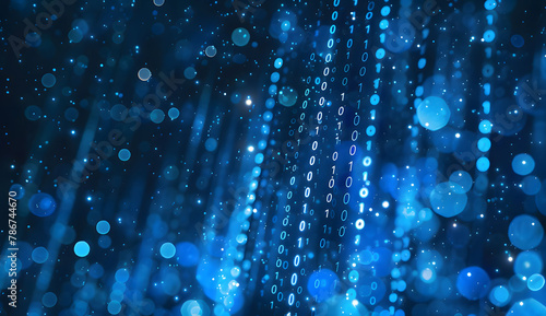 Blue bokeh lights over digital binary code background