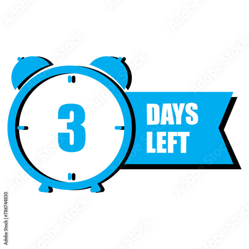 Blue alarm clock. Three-day countdown. Time-sensitive alert. Event reminder design. Vector illustration. EPS 10.