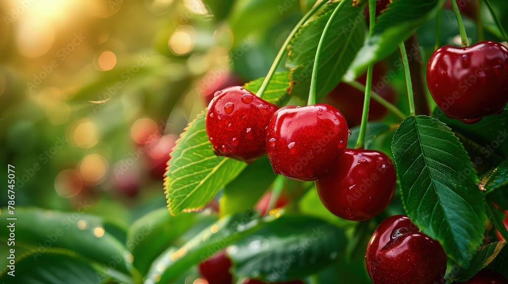 Envision a tranquil garden scene where a branch laden with plump red cherries stretches towards the sky. Envision a tranquil garden scene where a branch laden with plump red cherries stretches towards the sky.
