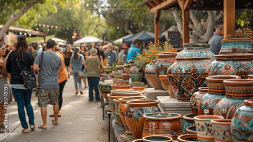 A scenic outdoor market with artisans displaying handmade pottery, jewelry, and textiles, bustling with appreciative customers. photo