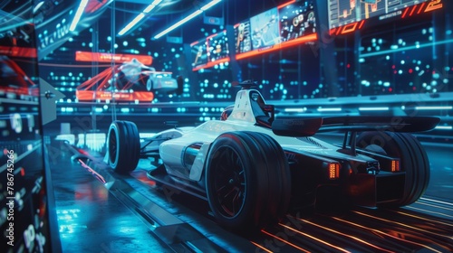 A team of cybersecurity experts in a futuristic race car pit analyzing real-time data to prevent hacks, in a fast-paced, dynamic sports style.