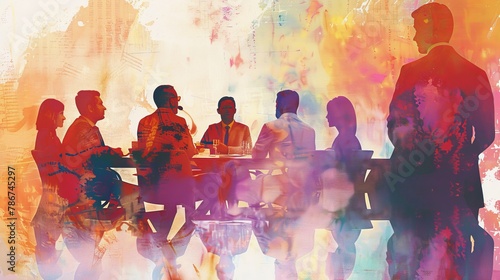 A team of healthcare managers at a conference discussing global health policies, in an abstract impressionist style.