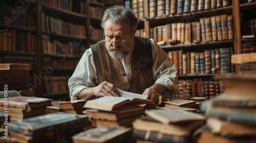 A traditional bookbinder in a library setting, binding sheets into custom leather covers, surrounded by walls of antique books. photo