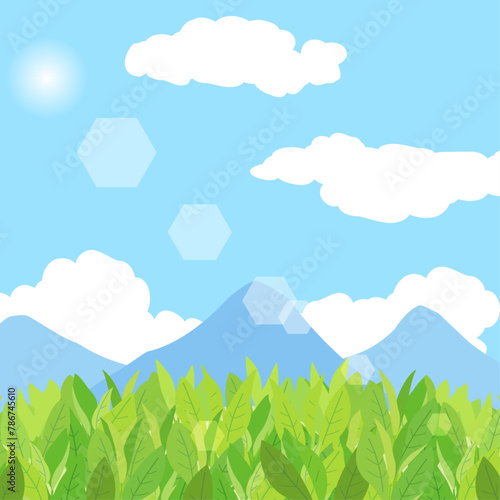 青空と茶畑の景色をイメージしたイラスト　アスペクト比1：1バージョン