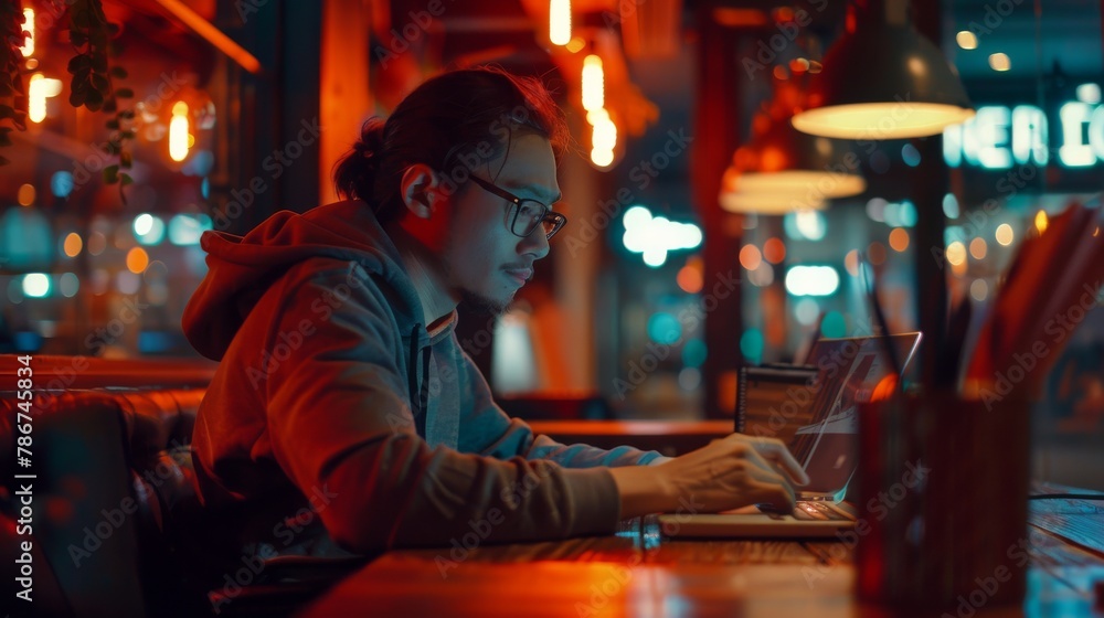 An experienced cybersecurity analyst discreetly working in a cafe, styled as cinematic with a focus on ambient lighting.