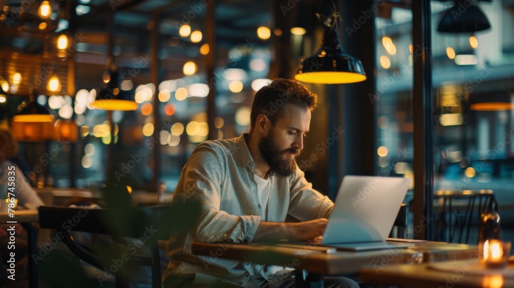 An experienced cybersecurity analyst discreetly working in a cafe, styled as cinematic with a focus on ambient lighting. An experienced cybersecurity analyst discreetly working in a cafe, styled as cinematic with a focus on ambient lighting.