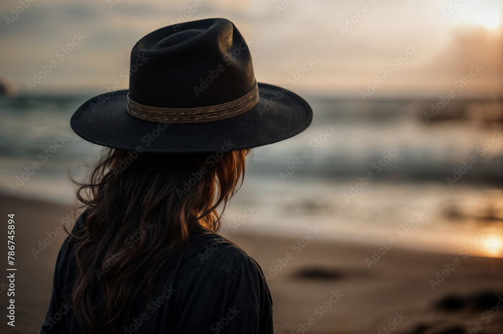 Back view of young woman in hat looking at sunset on the beach Back view of young woman in hat looking at sunset on the beach