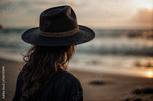 Back view of young woman in hat looking at sunset on the beach