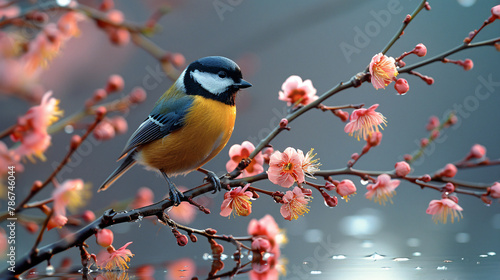A great tit perches delicately on a blossoming
