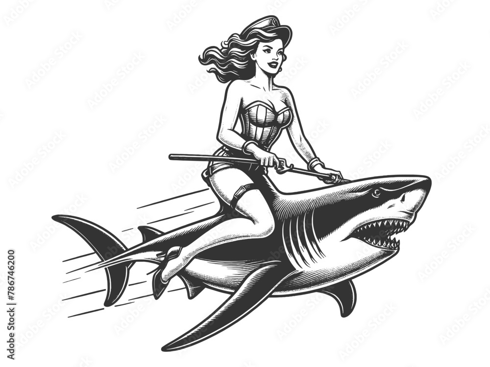 pin-up girl riding shark unique blend of vintage charm and adventurous spirit sketch engraving generative ai fictional character vector illustration. Scratch board imitation. Black and white image.