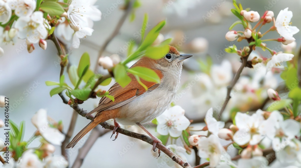 Perched delicately on a cherry branch adorned with pristine white flowers, a beautiful brown and white bird surveys its surroundings. Perched delicately on a cherry branch adorned with pristine white flowers, a beautiful brown and white bird surveys its surroundings.
