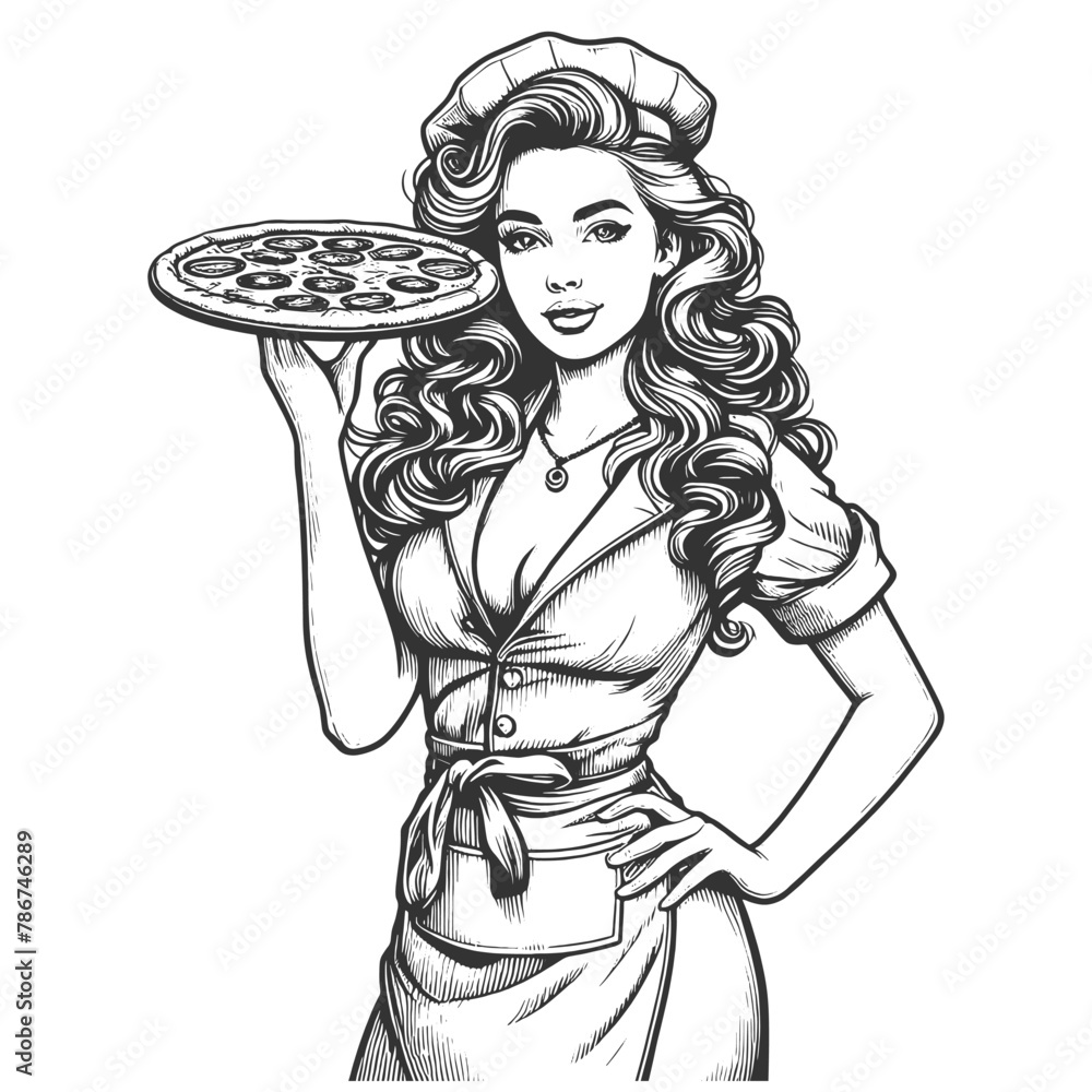 beautiful chef woman holding up pizza, culinary themes pin up sketch engraving generative ai fictional character vector illustration. Scratch board imitation. Black and white image. - obrazy, fototapety, plakaty 