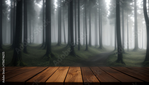 Misty forest with empty table wood in front   fog in the view  trees in a haze of light  glowing fog among the trees  