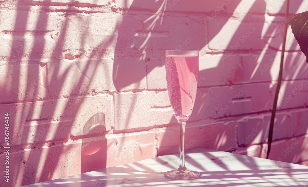 A refreshing cocktail sits against a pink wall with palm shadow creating a tranquil, summer vibe perfect for relaxation and enjoyment