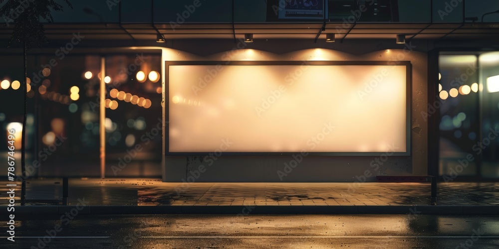 Illuminated blank billboard on a wet urban street at night, ready for advertising messages.