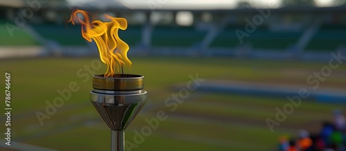 3d rendering. Flame burns in Olympic torch against blurred sports arena