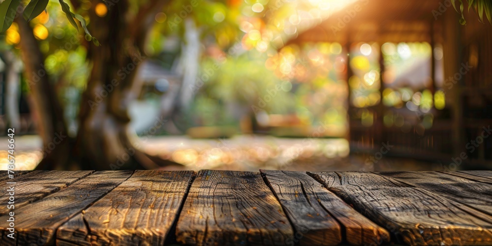 The warm ambiance of a wooden deck with a blurred tropical background at sunset.