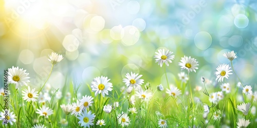 A lush field of white daisies under the bright sunlight with blue sky.
