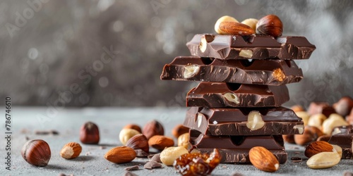 Stacked dark chocolate bars with almonds and hazelnuts on a grey surface. photo