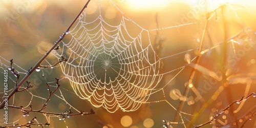 Glistening dewdrops on a delicate spider web captured in the soft light of dawn.