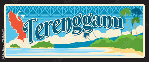 Terenggau Malaysian state or region. Vector travel plate or sticker, vintage tin sign, retro vacation postcard or journey signboard, luggage tag. Card with beach landscape and map with ornaments