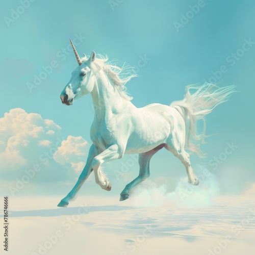 This stunning image captures a mythical white unicorn with a golden horn galloping gracefully against a solid blue backdrop  evoking fantasy and magic