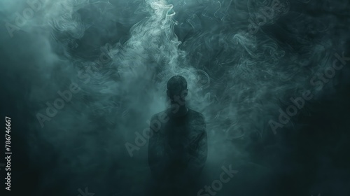  In a haze of smoke, the silhouette of a solitary figure looms, their presence shrouded in enigmatic shadows. 