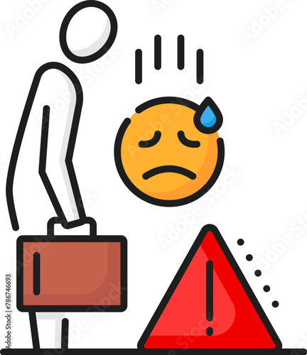 Unemployment color line icon of unemployed or jobless person with briefcase and unhappy emoji vector symbol. Economic crisis, job loss, layoff and staff reduction outline sign, business recession