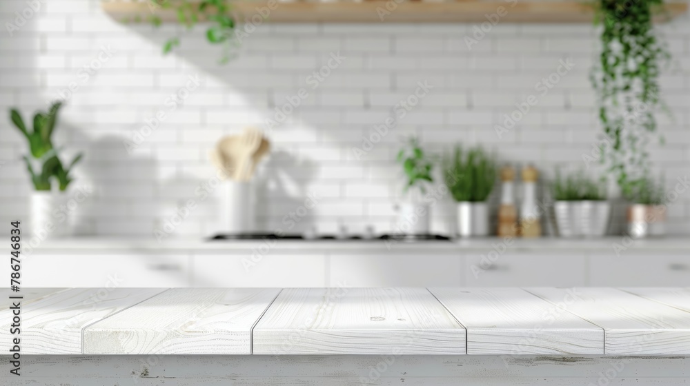 Clean white kitchen interior with a wooden countertop and green plants in the blurred background. - obrazy, fototapety, plakaty 
