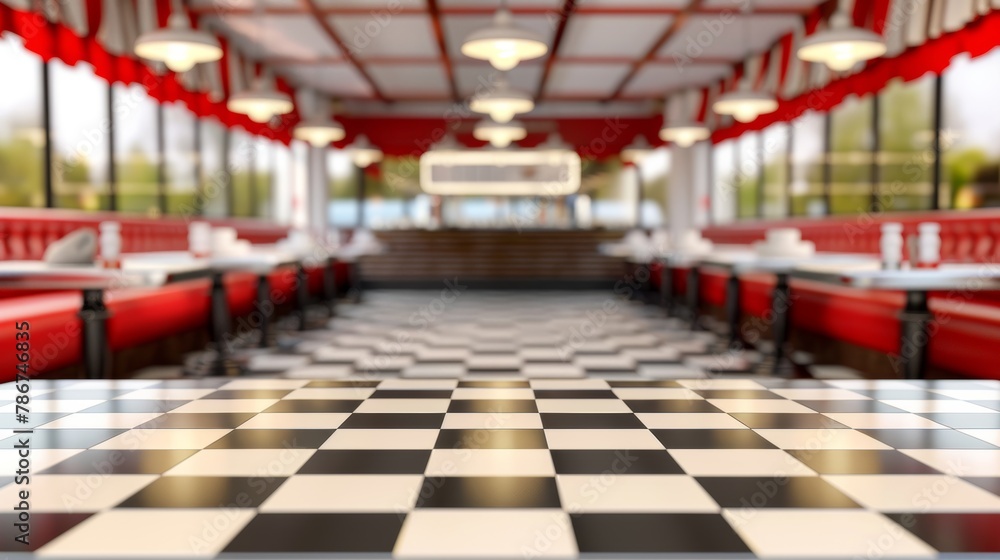 Classic American diner interior with red seats and black and white checkerboard flooring.