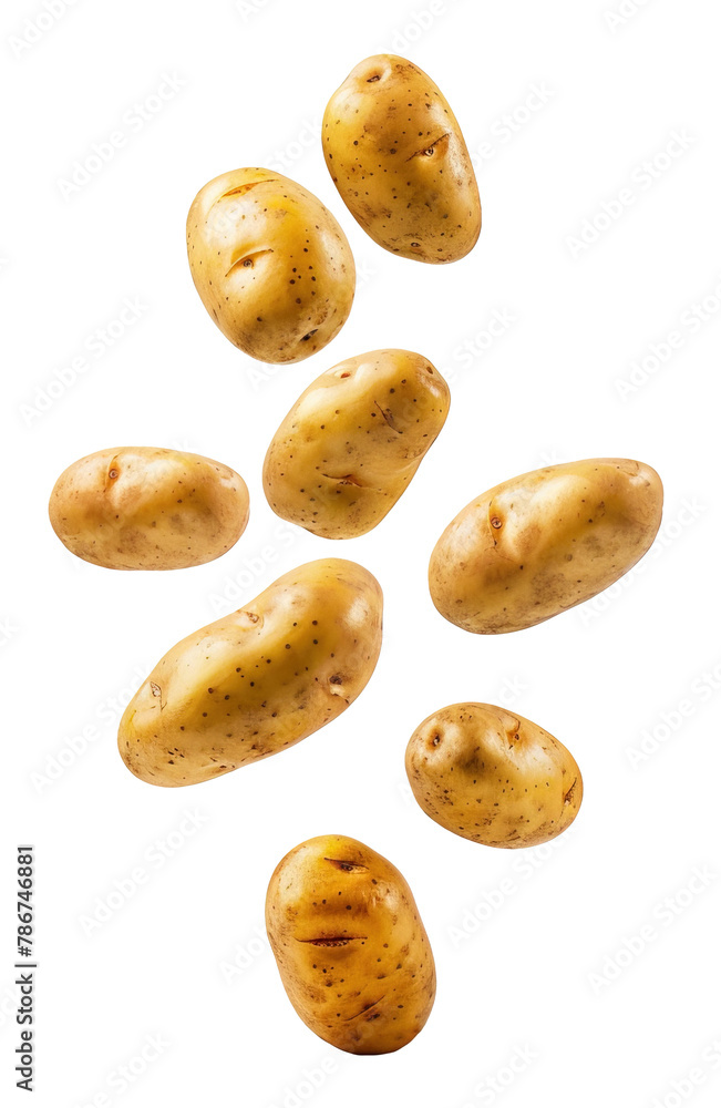 Obraz premium Floating washed potatoes over isolated white transparent background