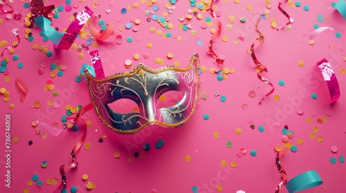 A decorative masquerade mask amidst colorful confetti on a pink background, symbolizing festivity and disguise.