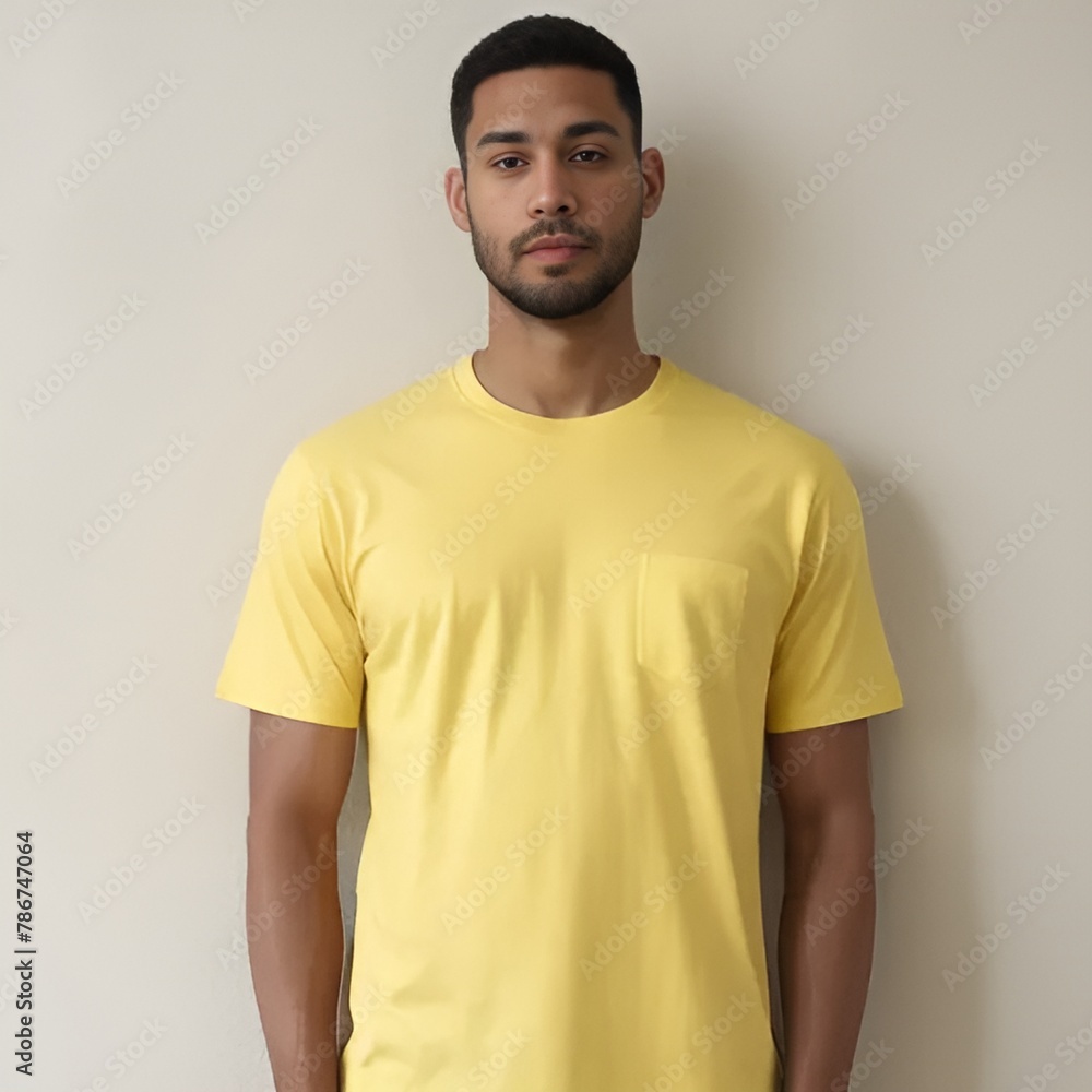 man wearing a yellow shirt standing in front of a wall man wearing a yellow shirt standing in front of a wall