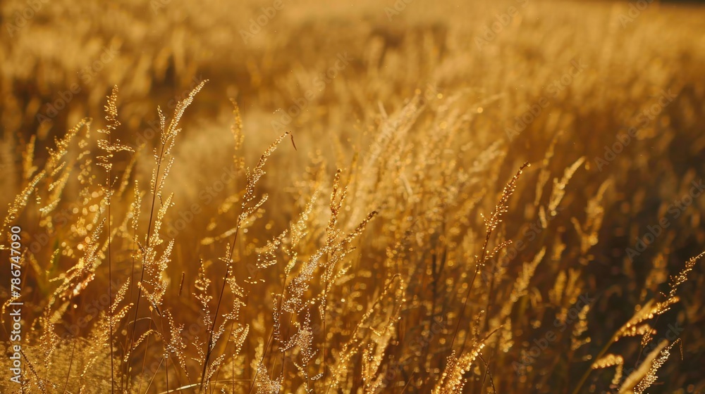 Obraz premium A wheat field radiates under a golden sunset, symbolizing growth and harvest time.