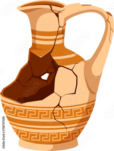 Ancient broken pottery and vase. Old ceramic cracked pot or jug. Isolated cartoon vector greek or roman earthenware pitcher with cracks, hole, pattern and handle. Vessel for wine, museum artefact