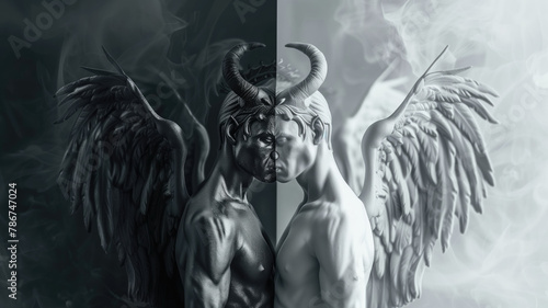 Angel and devil facing each other n monochromatic style with contrasting backgrounds